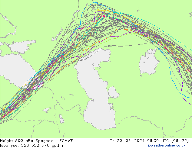 Geop. 500 hPa Spaghetti ECMWF jue 30.05.2024 06 UTC