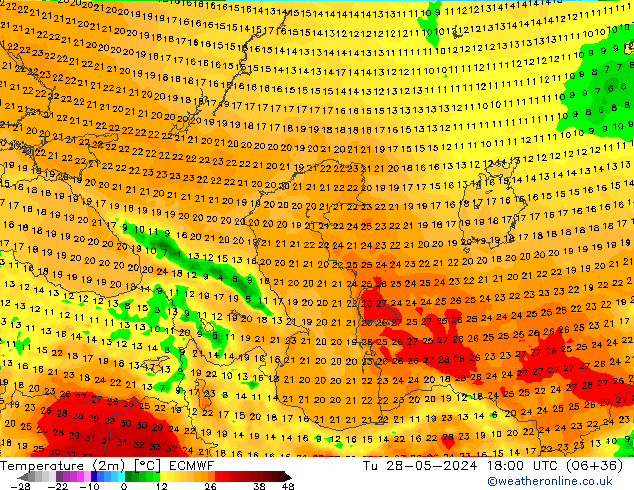 température (2m) ECMWF mar 28.05.2024 18 UTC