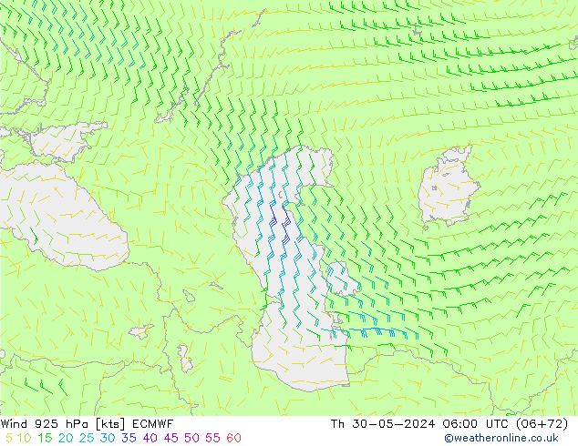 Viento 925 hPa ECMWF jue 30.05.2024 06 UTC