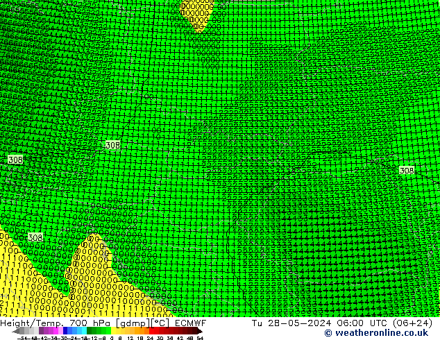 Height/Temp. 700 hPa ECMWF Út 28.05.2024 06 UTC