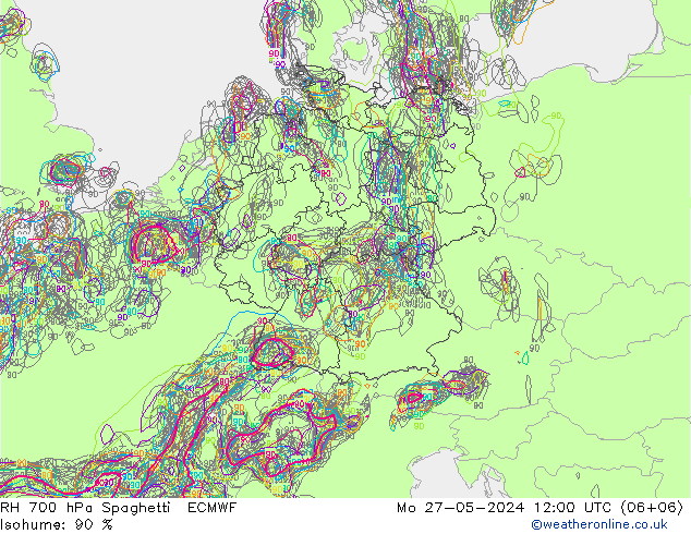 RH 700 hPa Spaghetti ECMWF pon. 27.05.2024 12 UTC