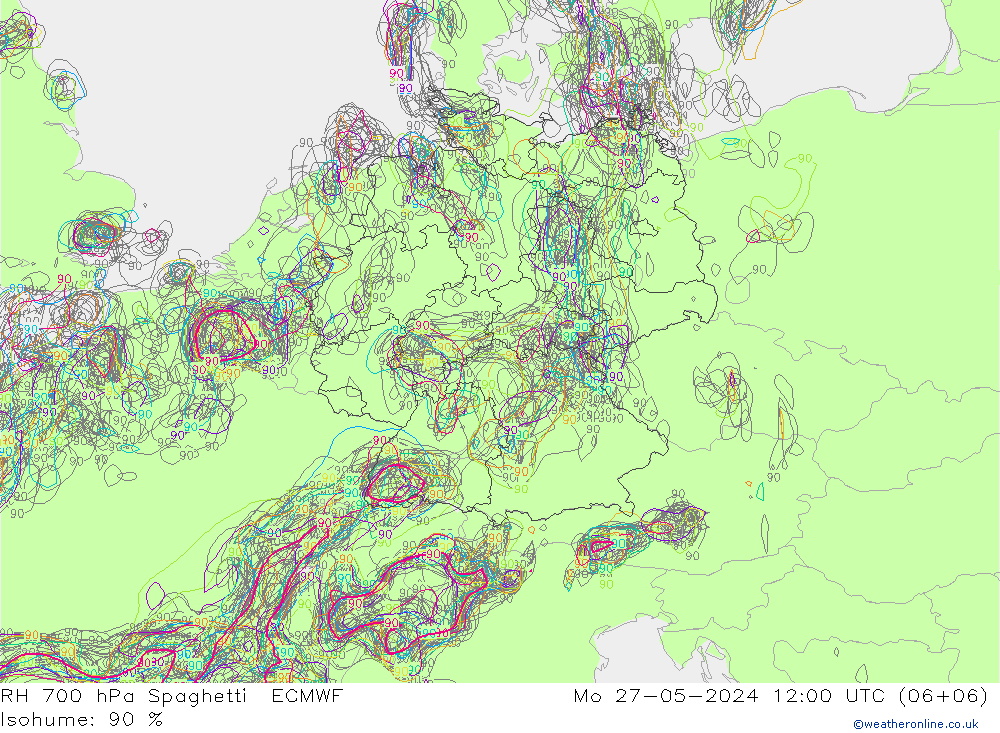 RH 700 hPa Spaghetti ECMWF pon. 27.05.2024 12 UTC