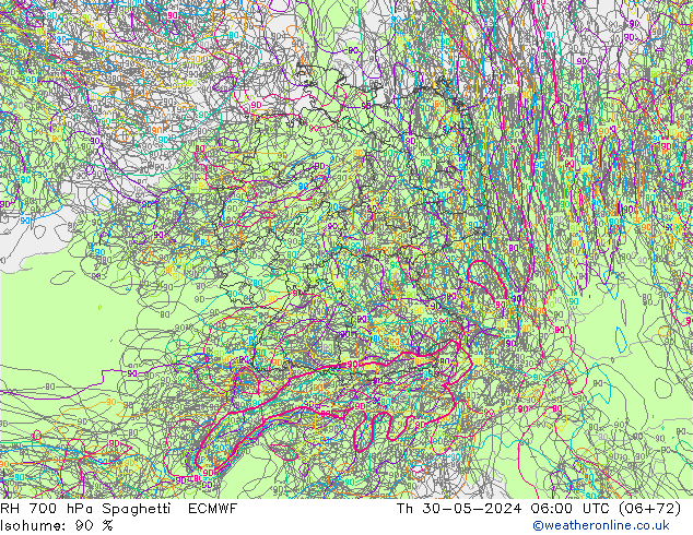 RH 700 hPa Spaghetti ECMWF Th 30.05.2024 06 UTC