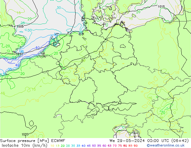 Isotachs (kph) ECMWF We 29.05.2024 00 UTC