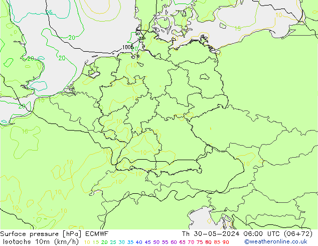 Isotachs (kph) ECMWF чт 30.05.2024 06 UTC