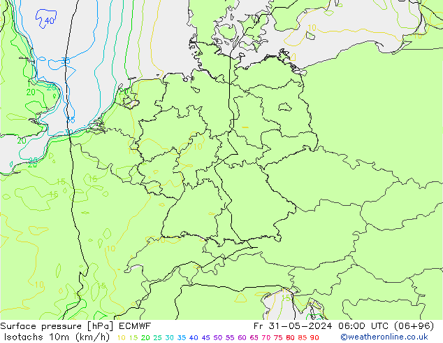 Isotachen (km/h) ECMWF vr 31.05.2024 06 UTC