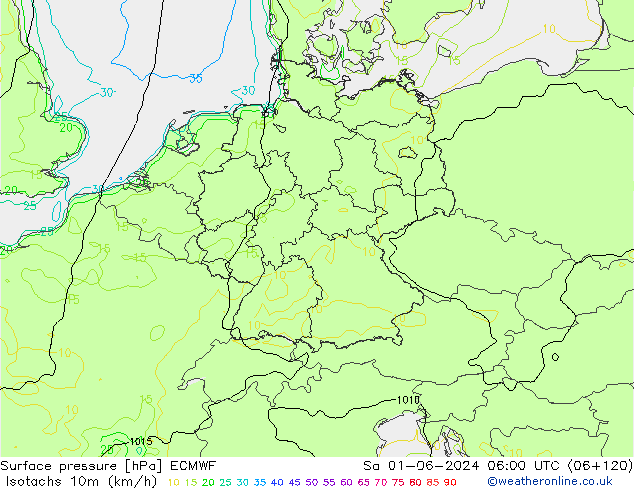 Isotachs (kph) ECMWF сб 01.06.2024 06 UTC