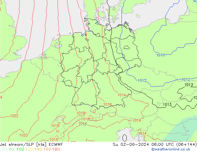 Straalstroom/SLP ECMWF zo 02.06.2024 06 UTC