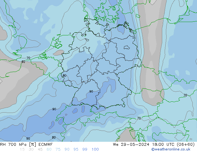 RH 700 hPa ECMWF We 29.05.2024 18 UTC