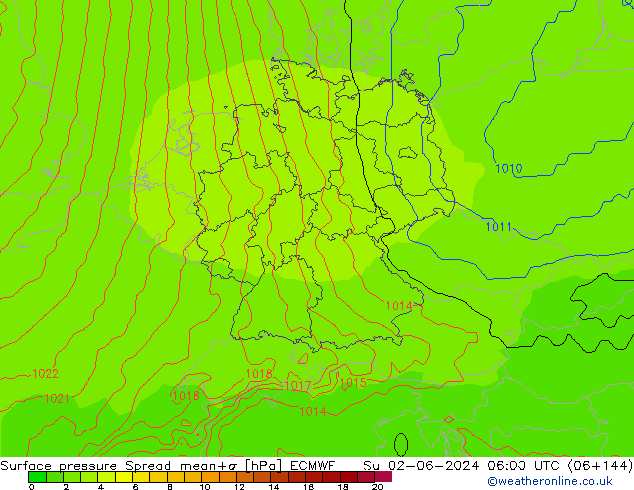 Surface pressure Spread ECMWF Su 02.06.2024 06 UTC