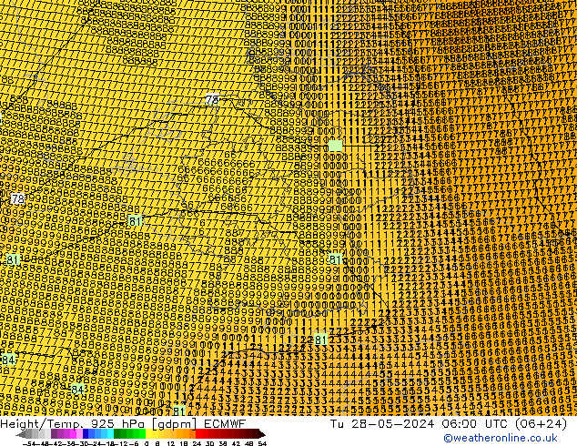 Height/Temp. 925 hPa ECMWF Di 28.05.2024 06 UTC