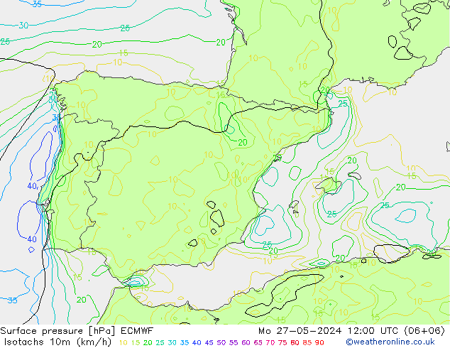 Isotachs (kph) ECMWF Mo 27.05.2024 12 UTC