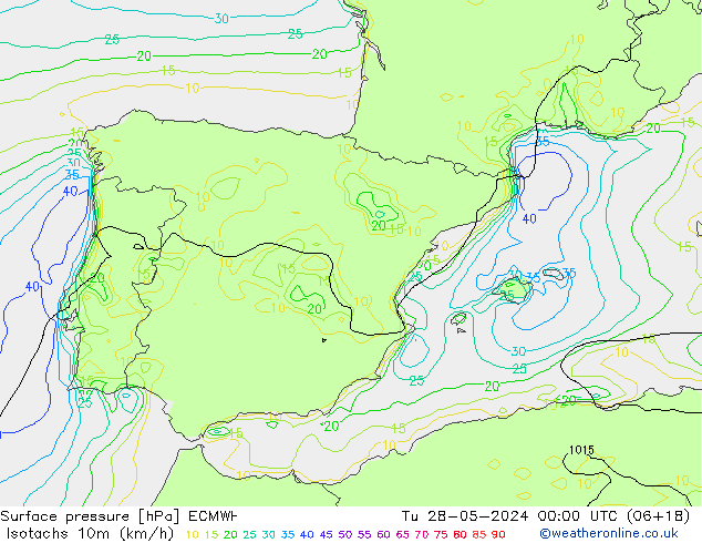 Isotachs (kph) ECMWF Tu 28.05.2024 00 UTC