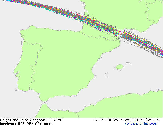 Height 500 hPa Spaghetti ECMWF Tu 28.05.2024 06 UTC