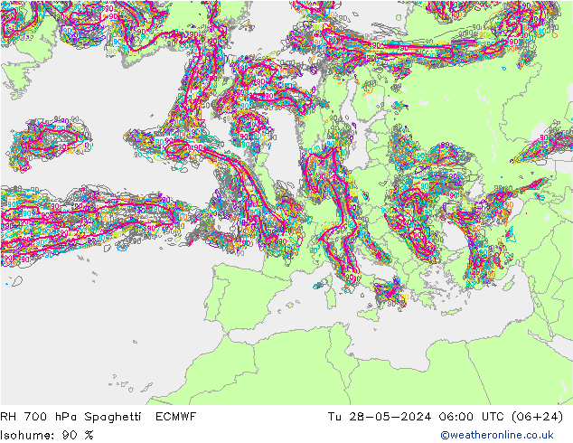 700 hPa Nispi Nem Spaghetti ECMWF Sa 28.05.2024 06 UTC