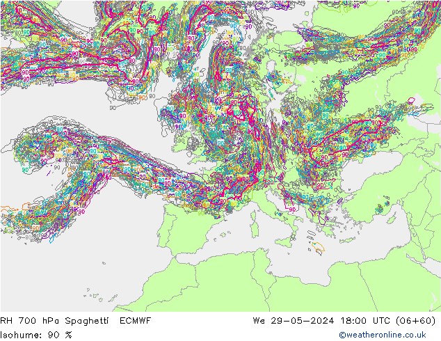 RH 700 гПа Spaghetti ECMWF ср 29.05.2024 18 UTC