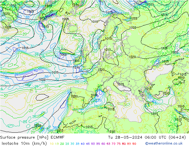 Isotachs (kph) ECMWF mar 28.05.2024 06 UTC