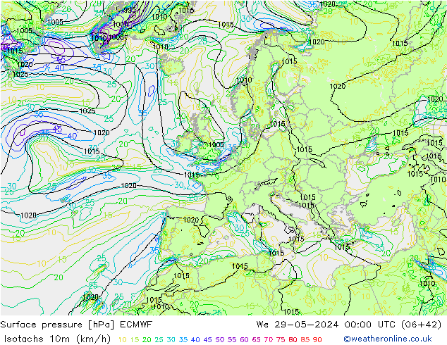 Isotachs (kph) ECMWF  29.05.2024 00 UTC