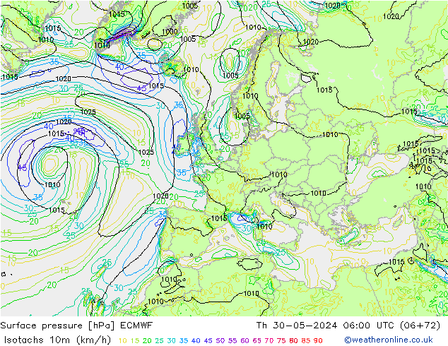 Isotachs (kph) ECMWF Čt 30.05.2024 06 UTC