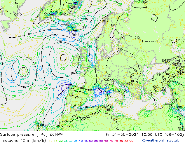 Isotachs (kph) ECMWF Fr 31.05.2024 12 UTC