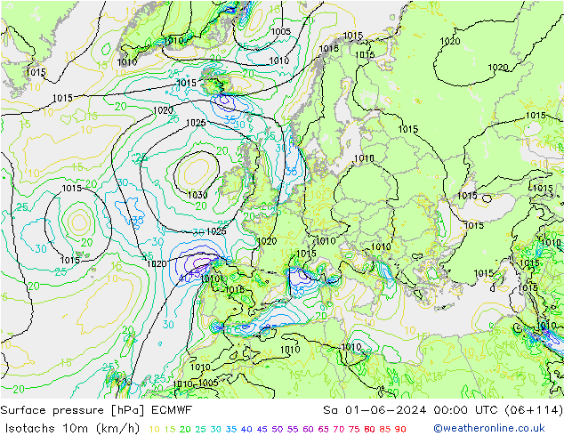 Isotachs (kph) ECMWF Sa 01.06.2024 00 UTC