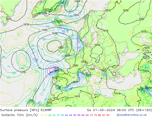 Isotachs (kph) ECMWF So 01.06.2024 06 UTC