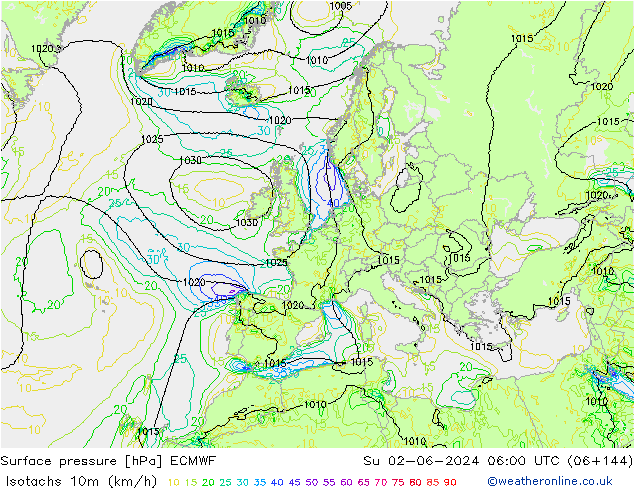 Isotachs (kph) ECMWF dom 02.06.2024 06 UTC