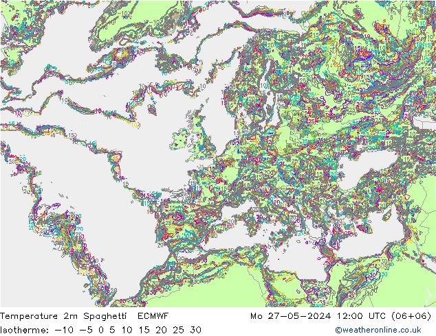 Temperature 2m Spaghetti ECMWF Po 27.05.2024 12 UTC