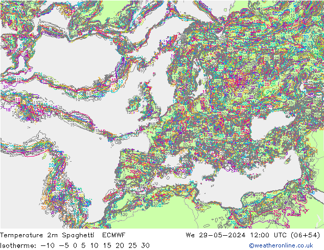 Temperature 2m Spaghetti ECMWF We 29.05.2024 12 UTC