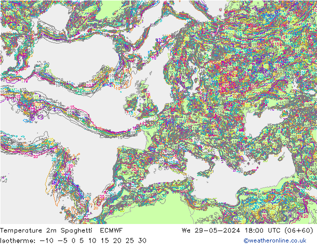 Temperature 2m Spaghetti ECMWF We 29.05.2024 18 UTC