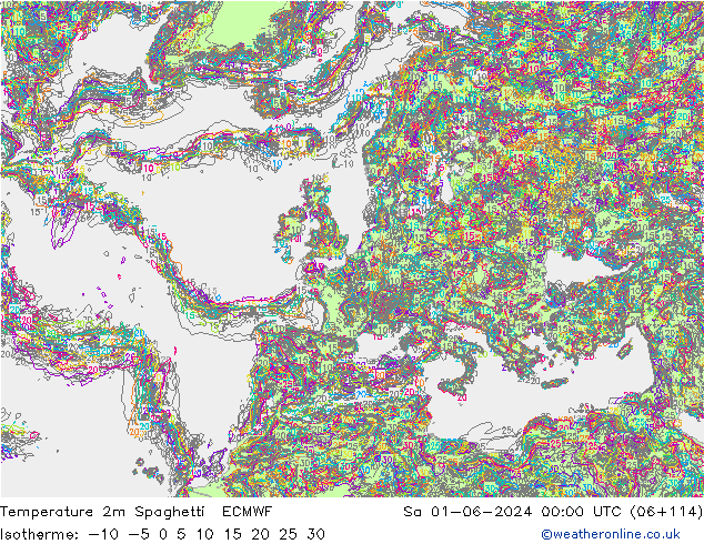 Temperature 2m Spaghetti ECMWF Sa 01.06.2024 00 UTC