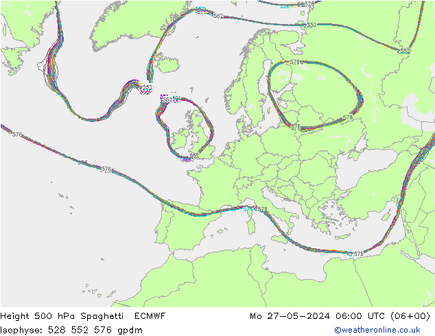 Height 500 hPa Spaghetti ECMWF 星期一 27.05.2024 06 UTC