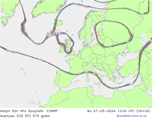 Height 500 hPa Spaghetti ECMWF Po 27.05.2024 12 UTC