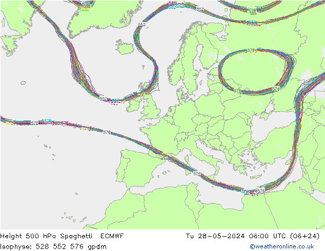 Height 500 hPa Spaghetti ECMWF Di 28.05.2024 06 UTC