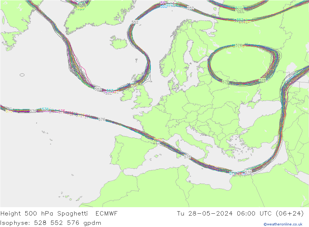 Height 500 hPa Spaghetti ECMWF Di 28.05.2024 06 UTC