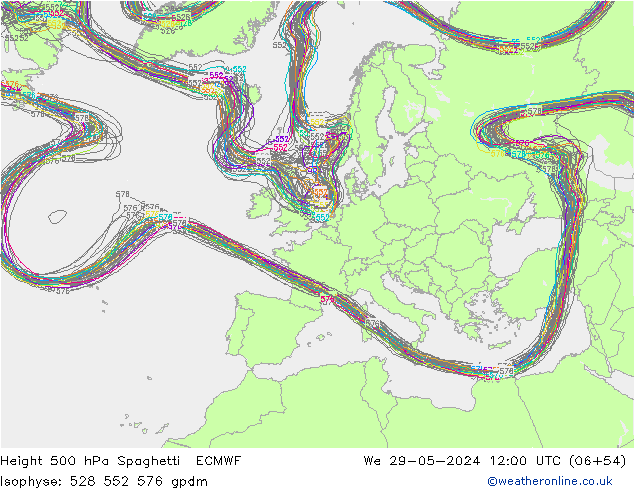 Height 500 hPa Spaghetti ECMWF Mi 29.05.2024 12 UTC