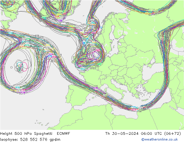 Height 500 hPa Spaghetti ECMWF gio 30.05.2024 06 UTC