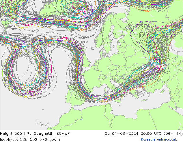 Height 500 hPa Spaghetti ECMWF Sa 01.06.2024 00 UTC