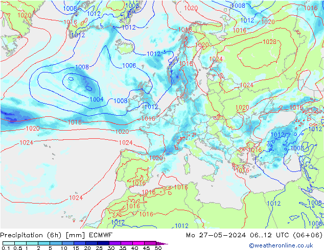 Precipitation (6h) ECMWF Po 27.05.2024 12 UTC