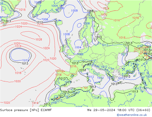 Luchtdruk (Grond) ECMWF wo 29.05.2024 18 UTC