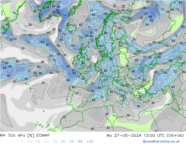 RH 700 hPa ECMWF Mo 27.05.2024 12 UTC