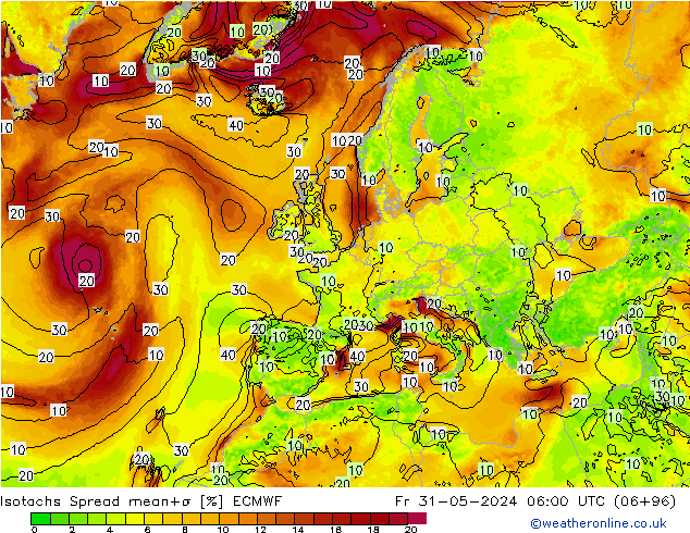 Isotachs Spread ECMWF Pá 31.05.2024 06 UTC