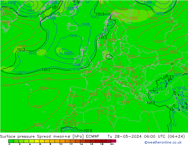 Pressione al suolo Spread ECMWF mar 28.05.2024 06 UTC