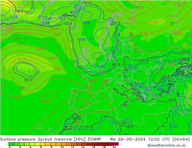 Presión superficial Spread ECMWF mié 29.05.2024 12 UTC