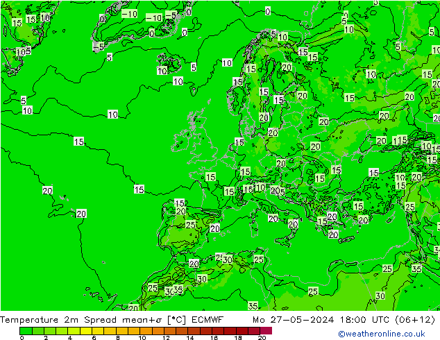 Temperature 2m Spread ECMWF Mo 27.05.2024 18 UTC
