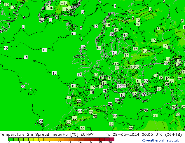 Temperature 2m Spread ECMWF Tu 28.05.2024 00 UTC