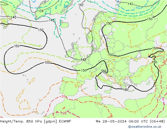 Geop./Temp. 850 hPa ECMWF mié 29.05.2024 06 UTC