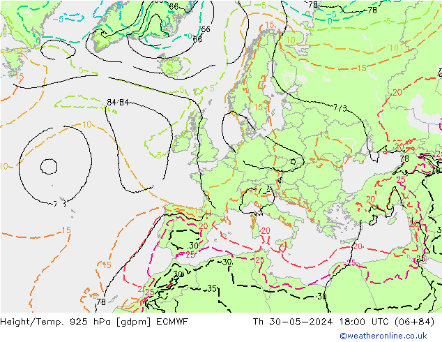 Height/Temp. 925 гПа ECMWF чт 30.05.2024 18 UTC