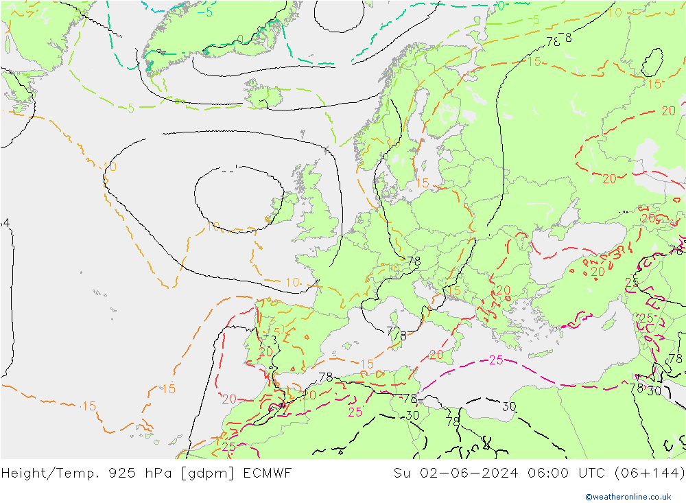 Yükseklik/Sıc. 925 hPa ECMWF Paz 02.06.2024 06 UTC