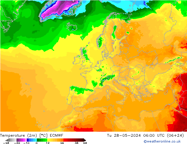 mapa temperatury (2m) ECMWF wto. 28.05.2024 06 UTC